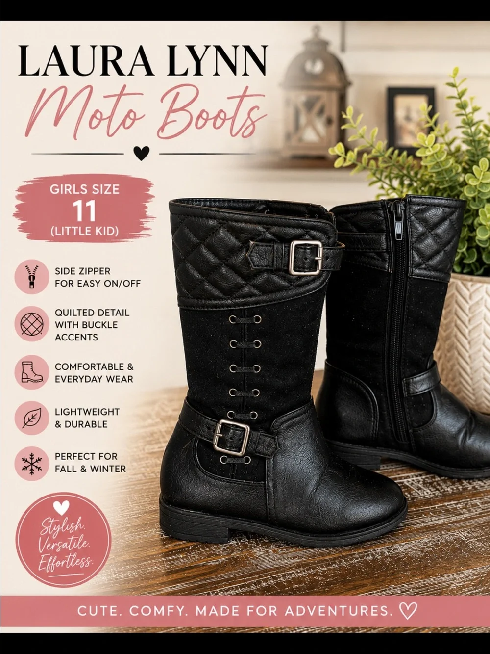 Girls' Black Moto Boots - Size 11